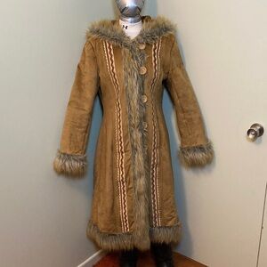 Elegant Brown Long Coat with Faux Fur Trim